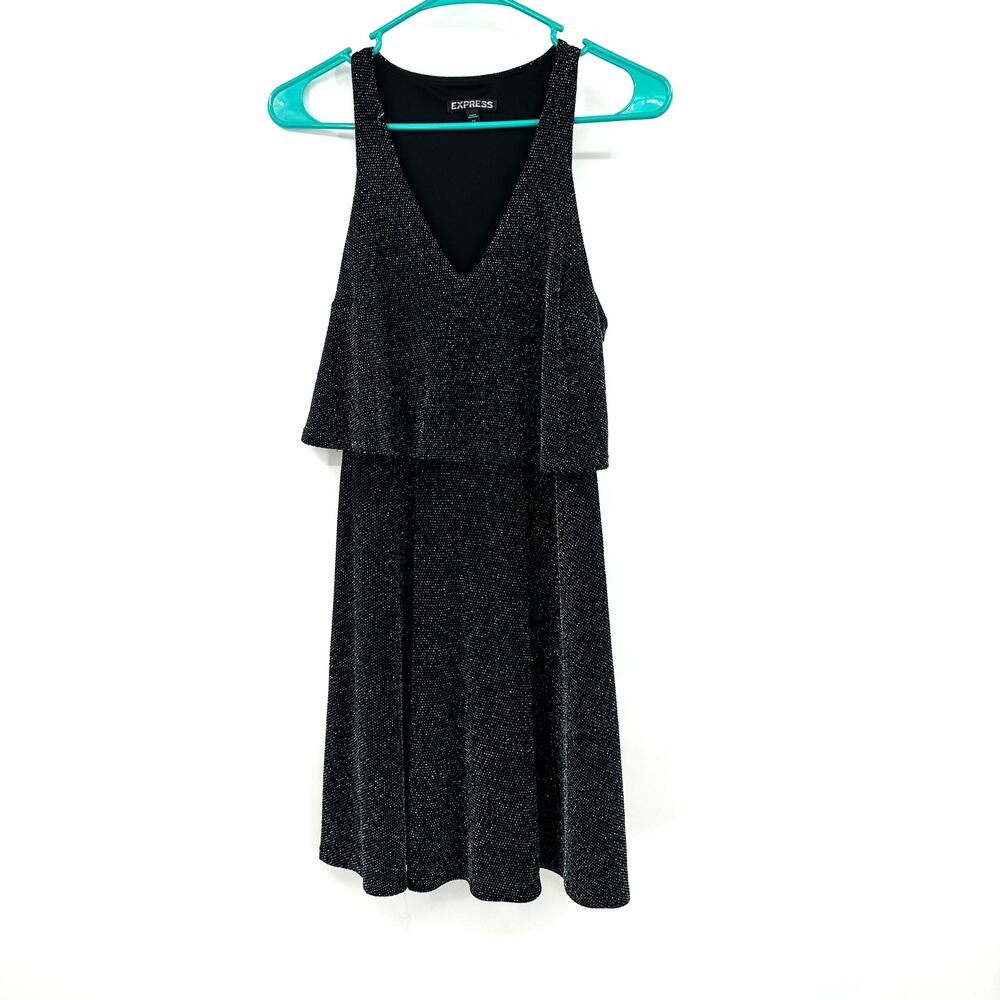 Express size XS black sleeveless mini dress sparkly layered v neck lined